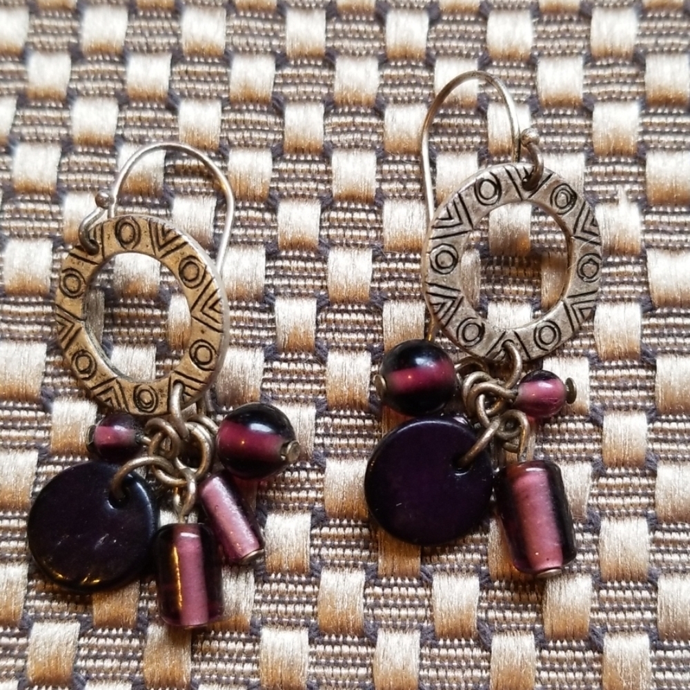 Cute silver and purple glass bead earrings